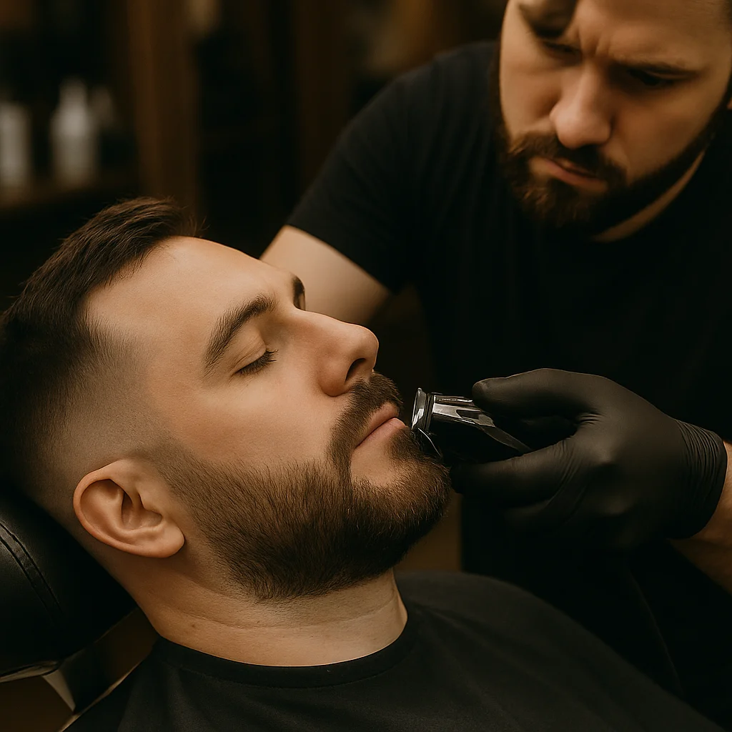 Modelo de barba italiana com estilo masculino fino e degradê, representando as tendências de barba italiana 2025 e como fazer barba estilo italiano.