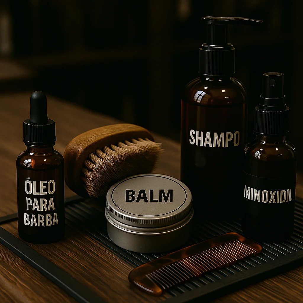 Representação dos hormônios testosterona, DHT e do minoxidil atuando no crescimento da barba, com destaque para hormônio masculino e hormônio para crescer barba.