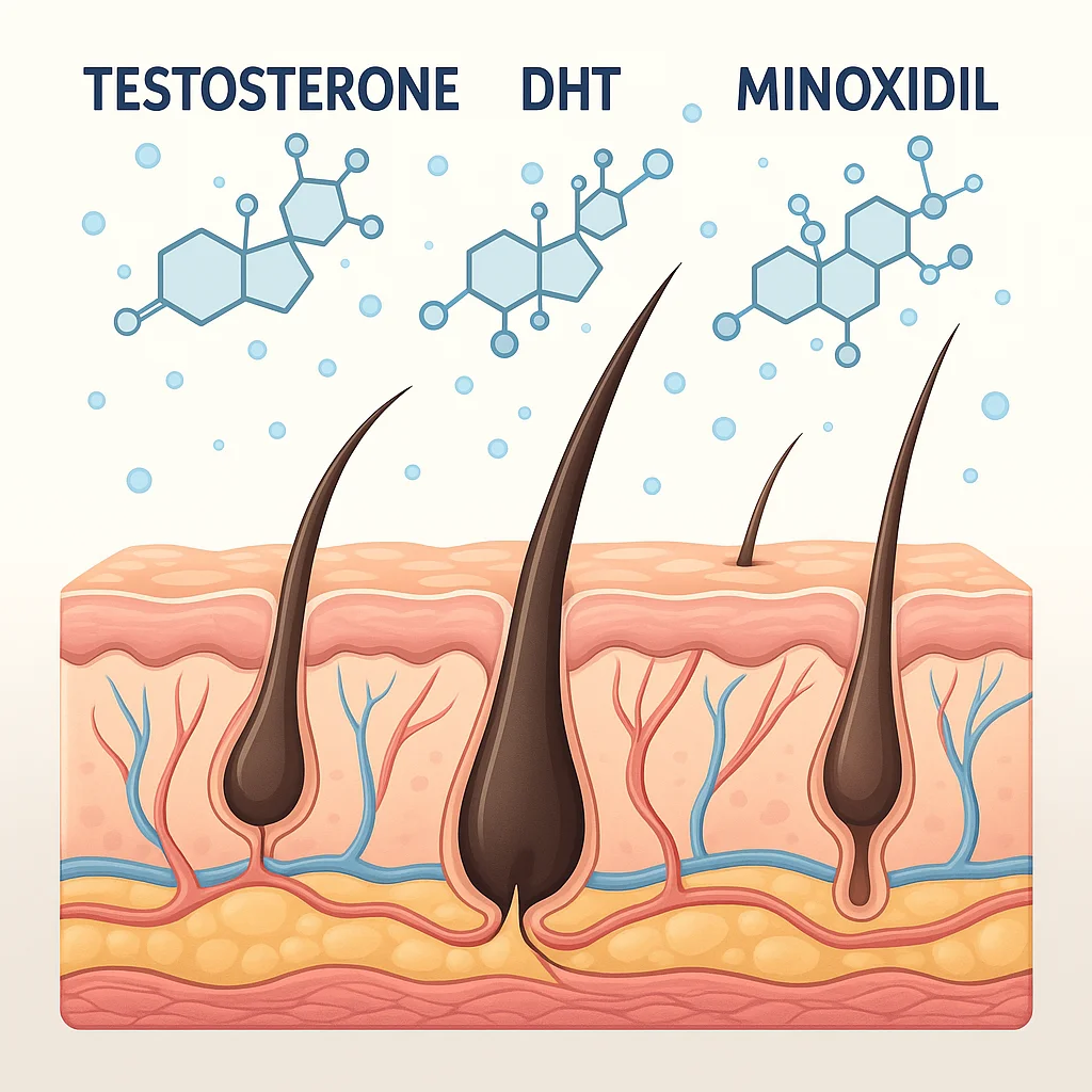 Representação dos hormônios testosterona, DHT e do minoxidil atuando no crescimento da barba, com destaque para hormônio masculino e hormônio para crescer barba.